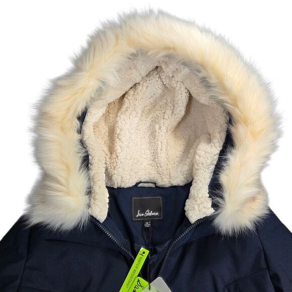 NWT Sam Edelman Women’s Dark Blue Puffer Jacket Fur Hooded Quilted Size XS Coat - Picture 4 of 13